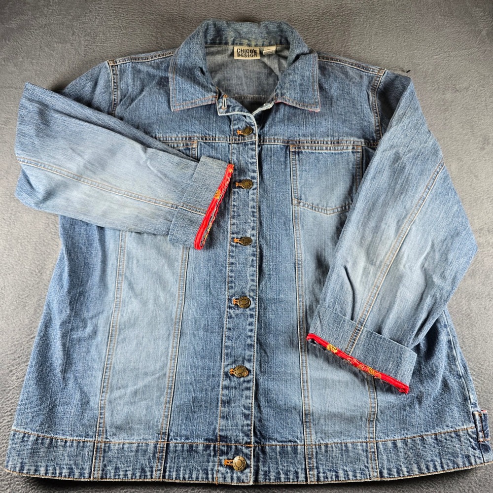Chicos Design Denim Jacket Geisha Embroidered Sequin Medium Wash Size 2 L Large